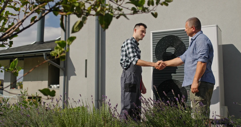 Client et technicien devant une pompe à chaleur installée en Nouvelle-Aquitaine