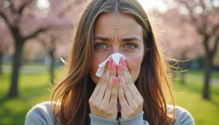 Femme qui se mouche suite à son allergie au pollen