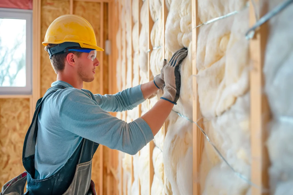 Professionnel posant un isolant thermique dans une ossature en bois