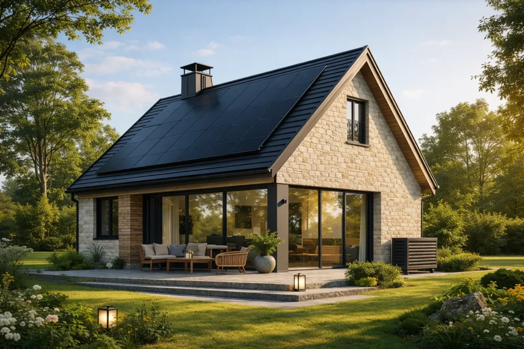 Maison équipée de panneaux solaires photovoltaïques pour réduire sa facture d’électricité