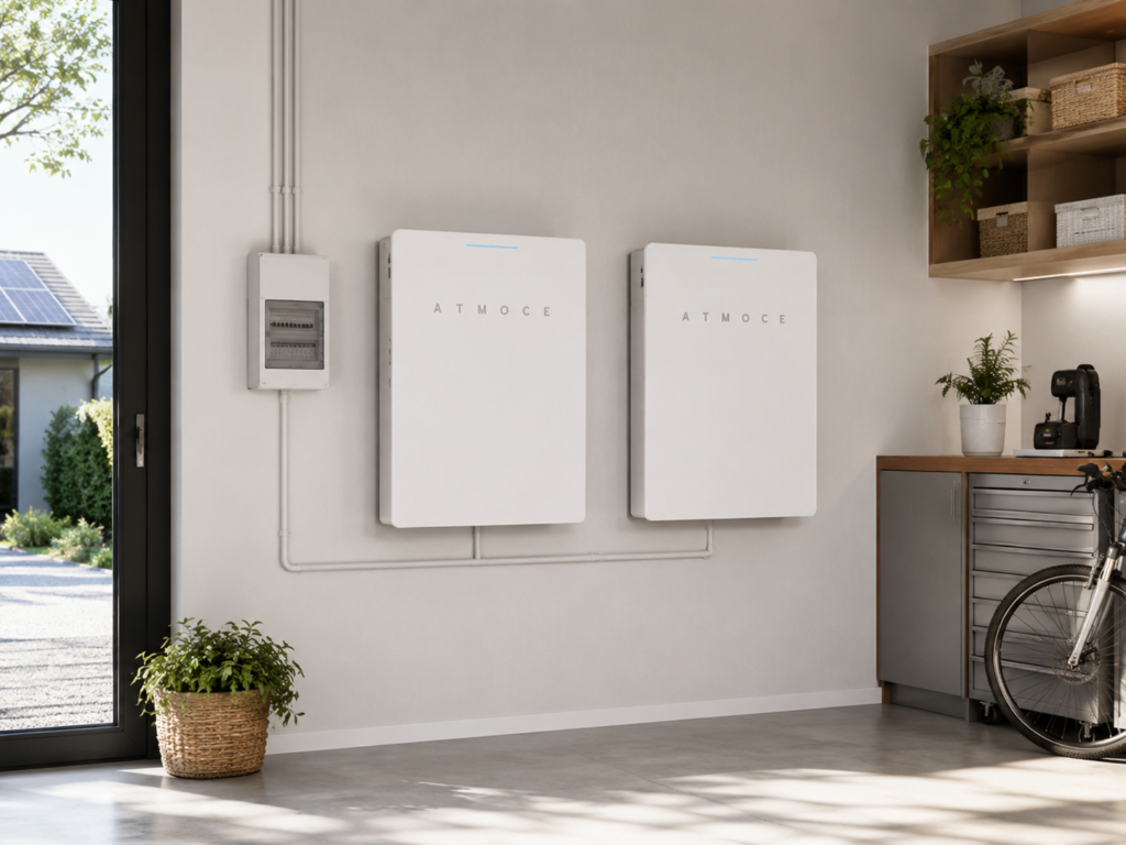 Deux batteries solaires ATMOCE installées au mur dans le garage d’une maison équipée de panneaux photovoltaïques